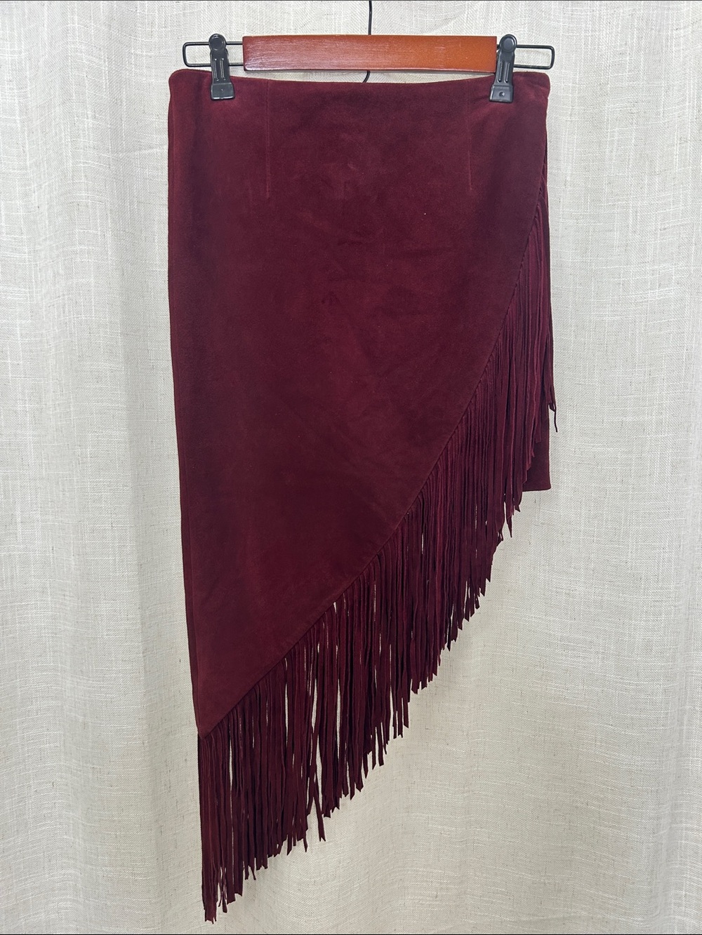 Intermix Exclusive Suede Fringe Asymmetrical Skirt in Deep Burgundy Size Small